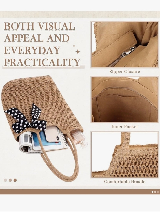 Woven Straw Tote Bag with Polka Dot Scarf - Natural - Picture 4 of 6